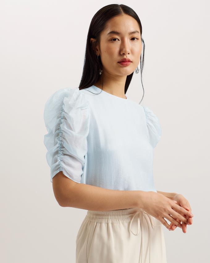 Hauts Ted Baker Short Puff Sleeve Organza Bleu Clair Femme | WKM-10989503